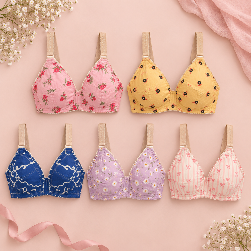 Pack of 5 Random Print Cotton Bras - HER EDITS